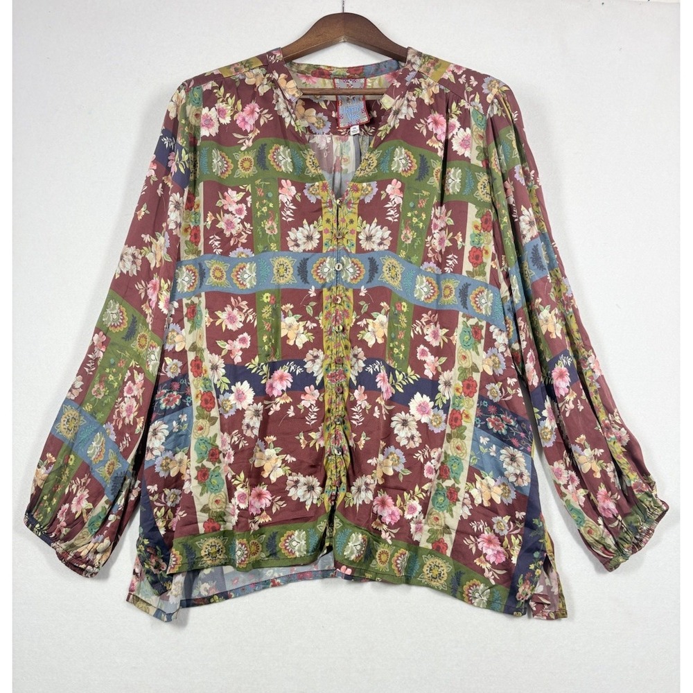 Johnny Was Silk Button Up Vneck Blouse Women's XXL Boho Fairy Floral Maroon